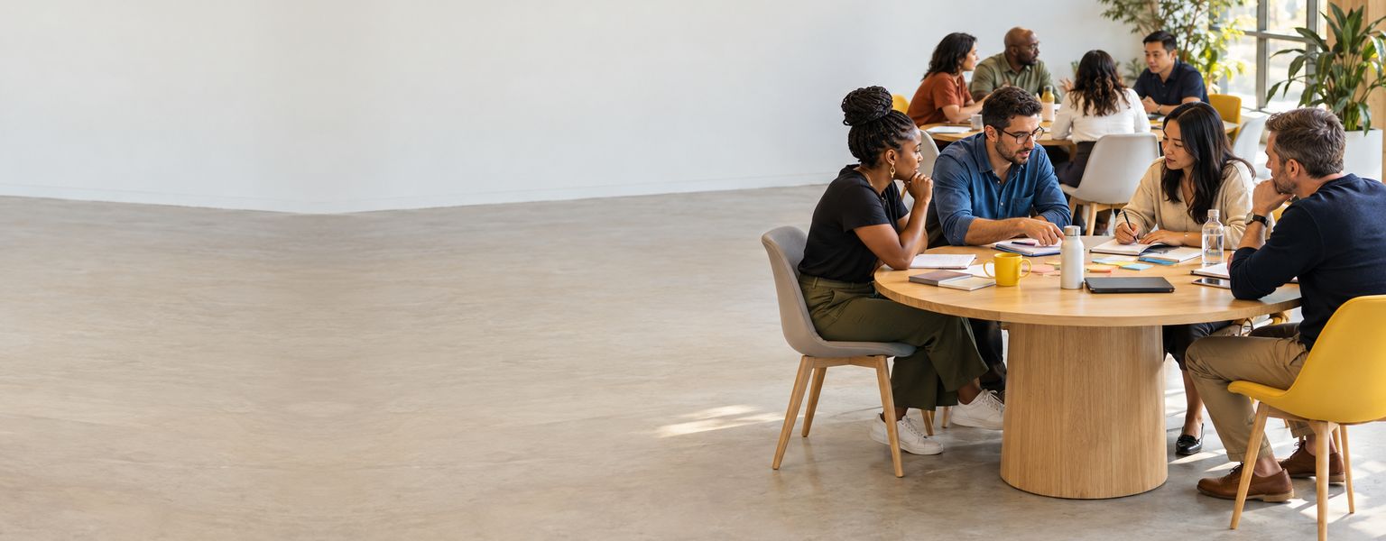 Turma em atividade de grupo em mesas redondas numa sala de treinamento