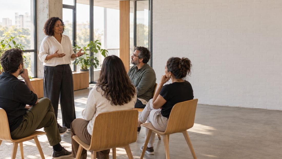 Grupo em sessão de desenvolvimento de liderança